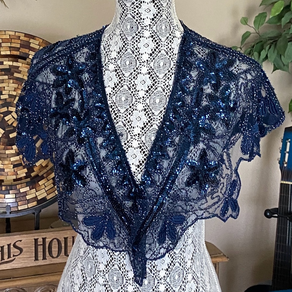Vintage Cleopatra Blue Beaded Shawl - Picture 1 of 7